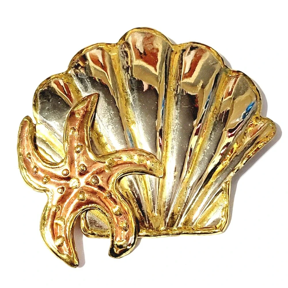 Vintage Gold Silver Copper Shell Brooch Starfish Large Mixed Metal Figural Pin